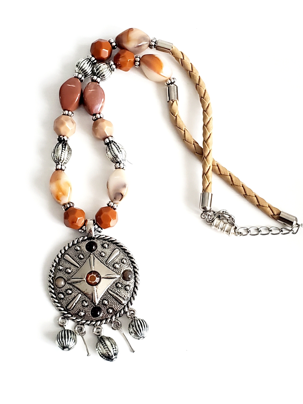 Bohemian Tan and Amber Beaded Pendant Necklace